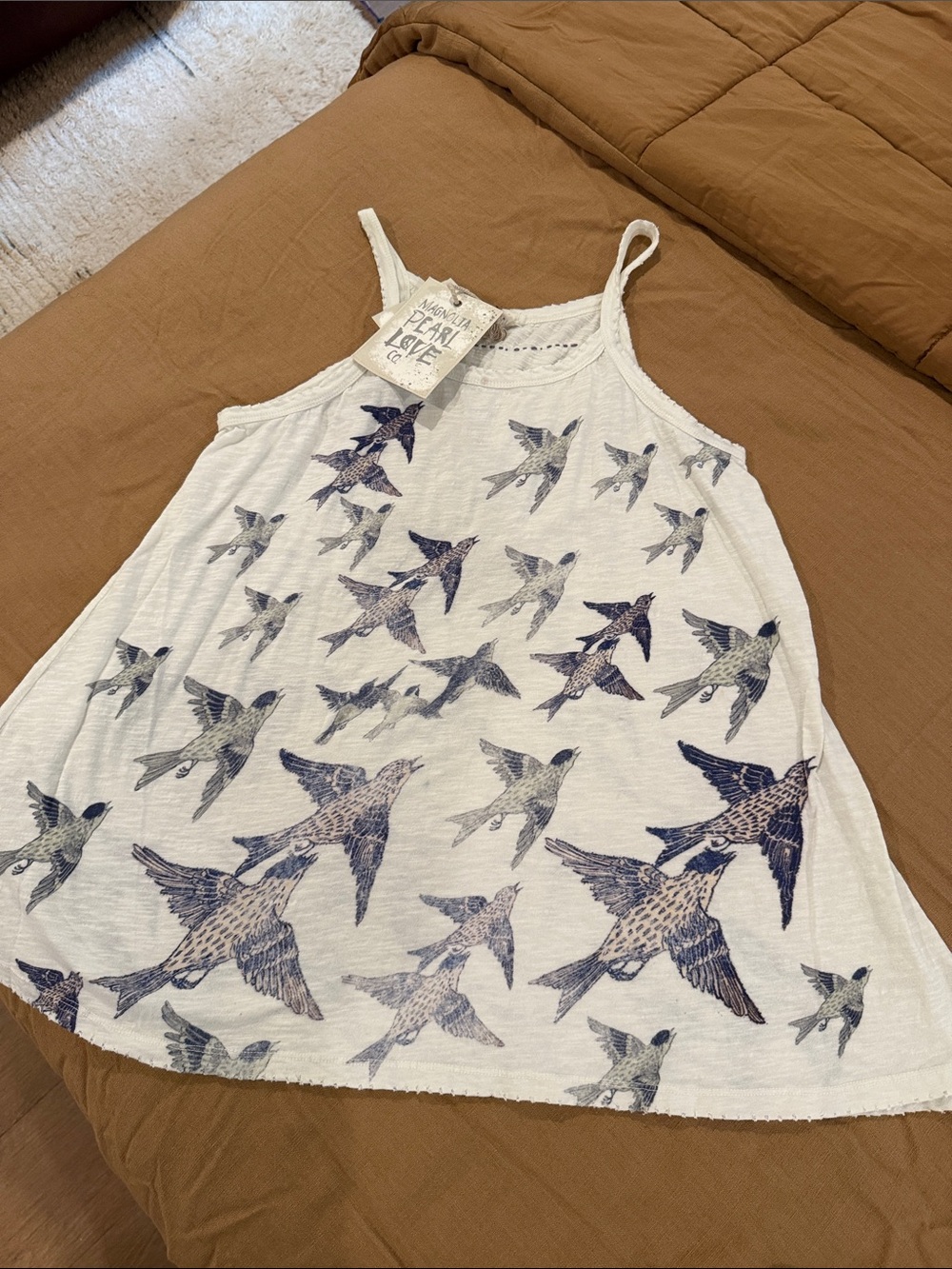 Magnolia Pearl White Tank Top with Blue Swallows